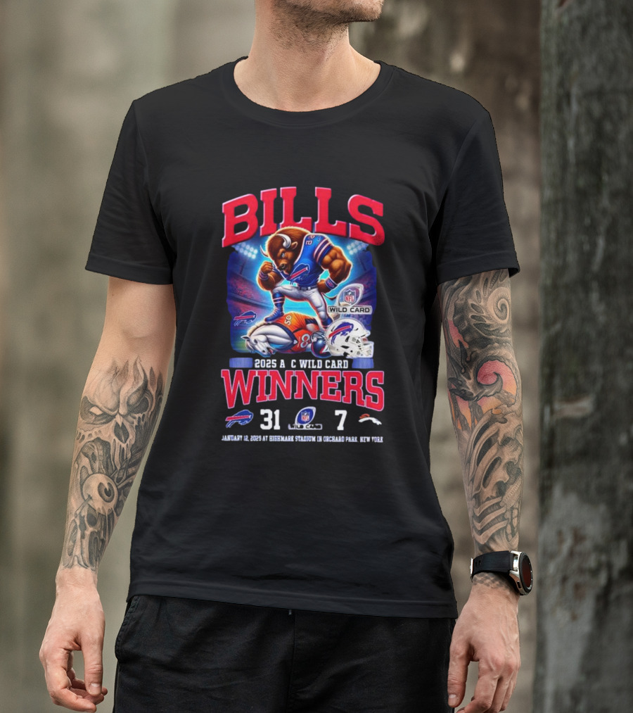 Buffalo Bills 2025 AFC Wild Card Winner Beat Denver Broncos 31-7 Mascot T-Shirt