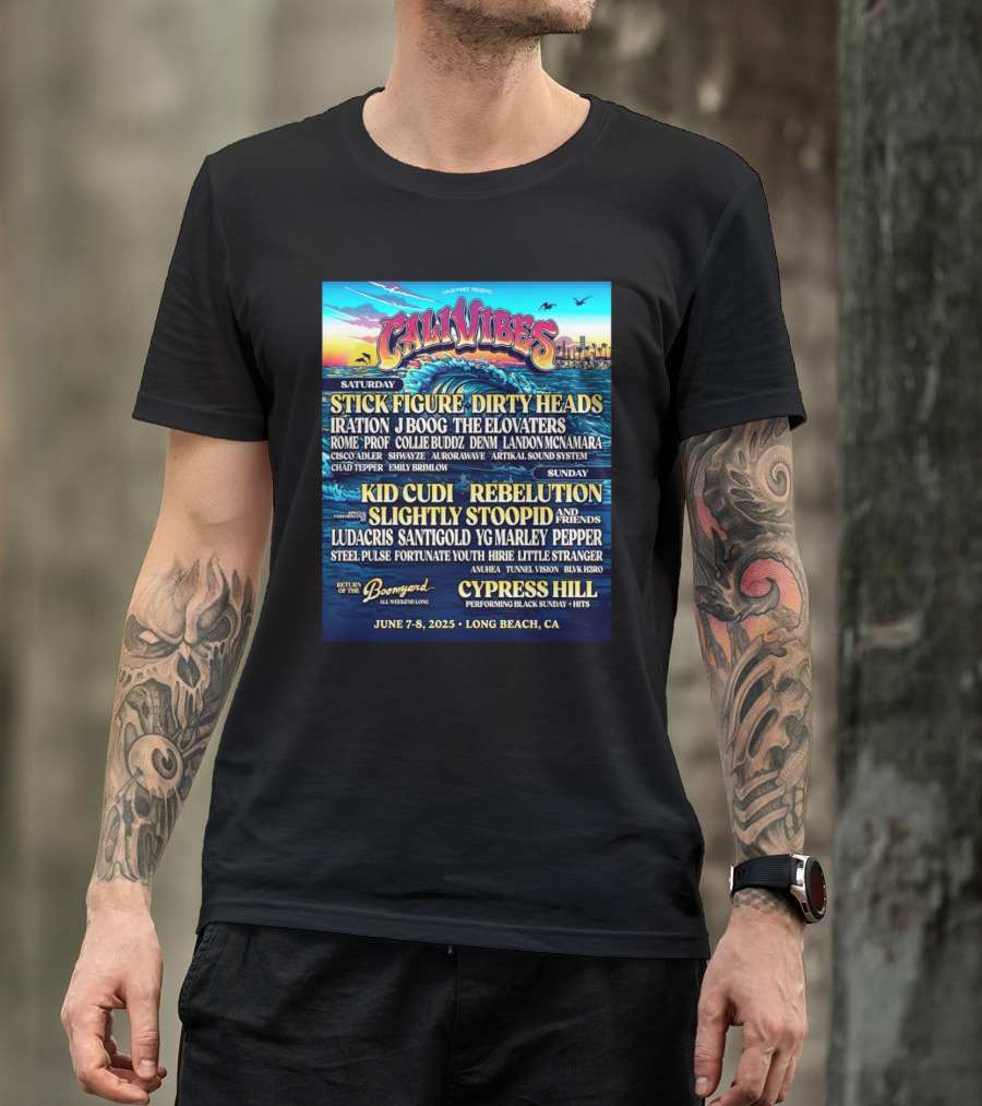 Cali Vibes June 7 8 2025 Long Beach CA Saturday Stick Figure Dirty Heads Sunday Kid Cudi Rebelution Slightly Stoopid T-Shirt