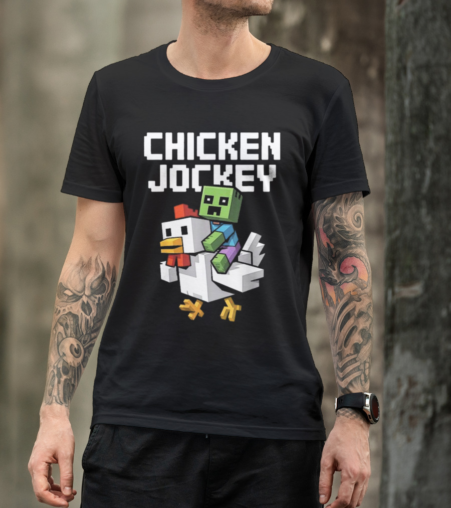 CHICKEN JOCKEY Pixelated Green Zombie Riding White Chicken T-Shirt