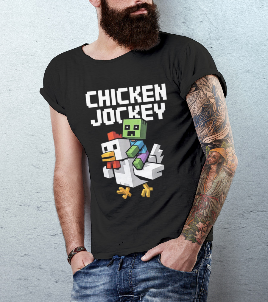 CHICKEN JOCKEY Pixelated Green Zombie Riding White Chicken T-Shirt