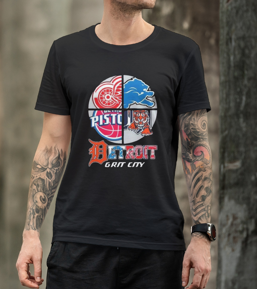 Detroit Grit City Red Wings Lions Tigers And Pistons Logo 2025 T-Shirt
