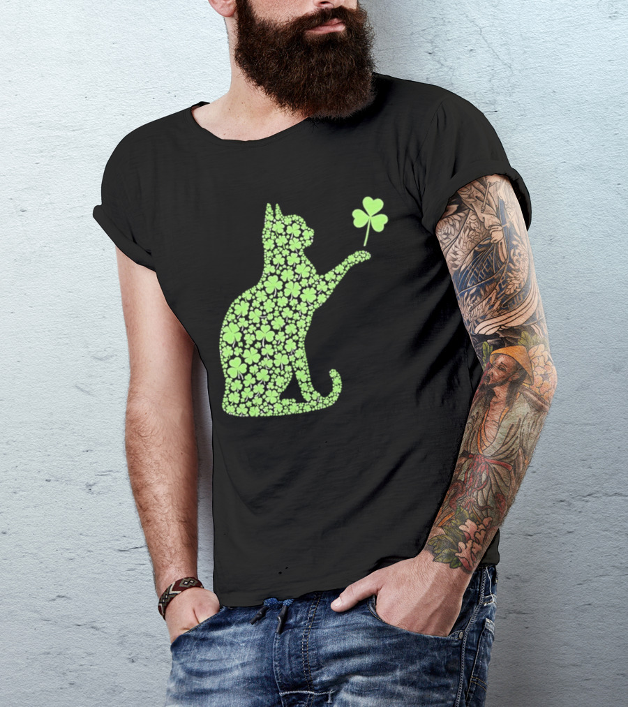 Funny St. Patrick’S Day Shamrock Cat Irish T-Shirt
