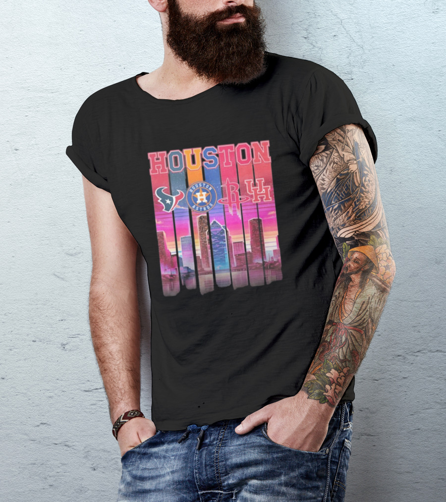 Houston Retro Skyline Texans Astros Rockets And Cougars T-Shirt