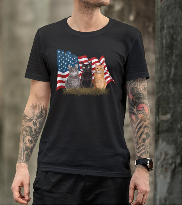 Patriotic Cats With USA Flag For 4th July Cat Lover T-Shirt