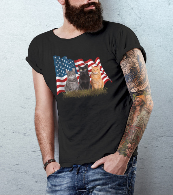 Patriotic Cats With USA Flag For 4th July Cat Lover T-Shirt