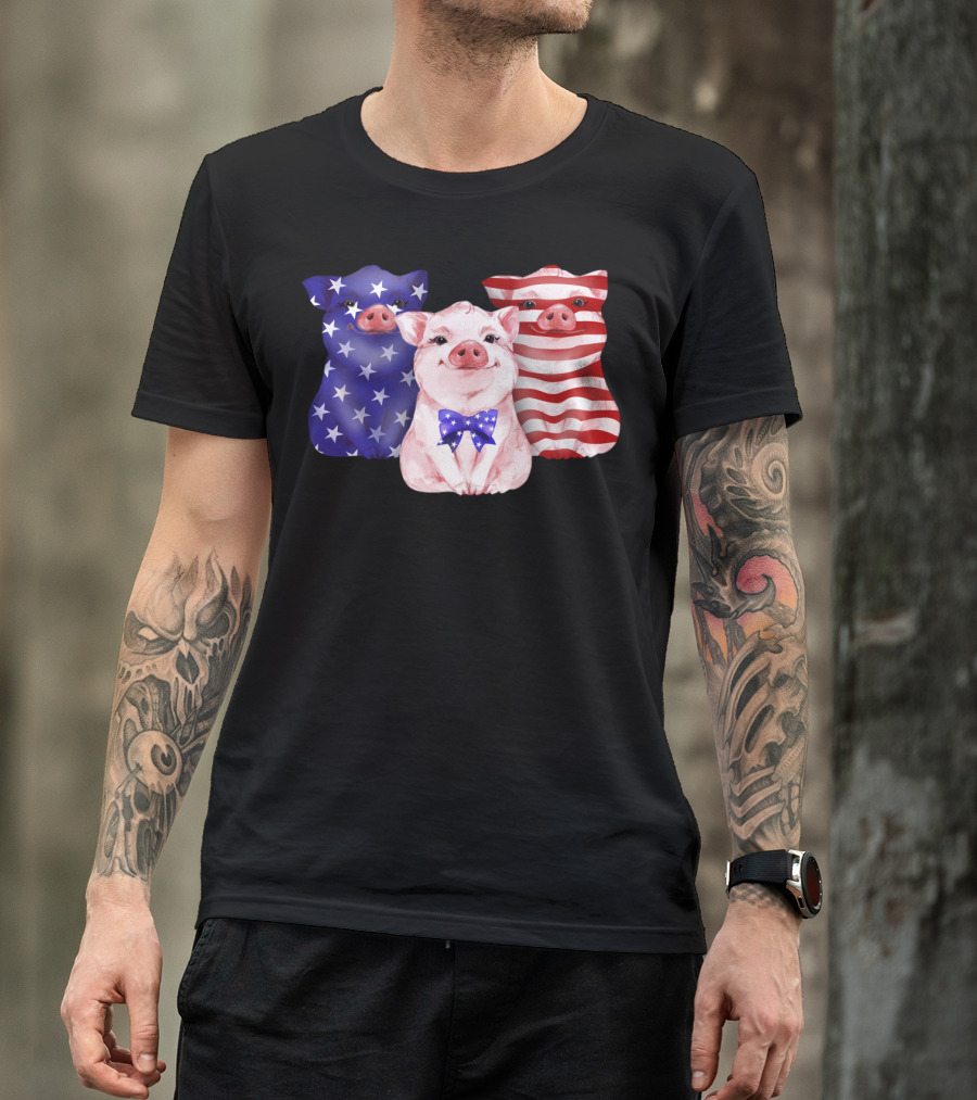 Pig Lover Independence Day USA Flag Stars And Stripes Trio T-Shirt