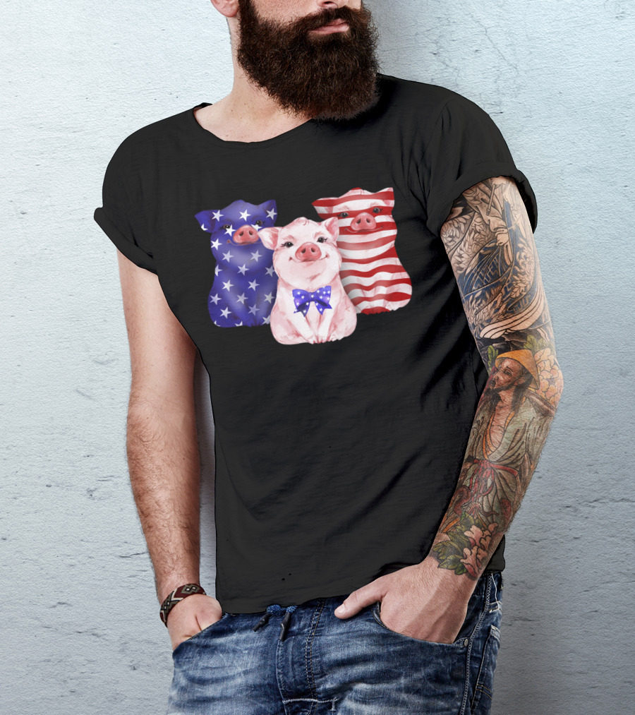 Pig Lover Independence Day USA Flag Stars And Stripes Trio T-Shirt