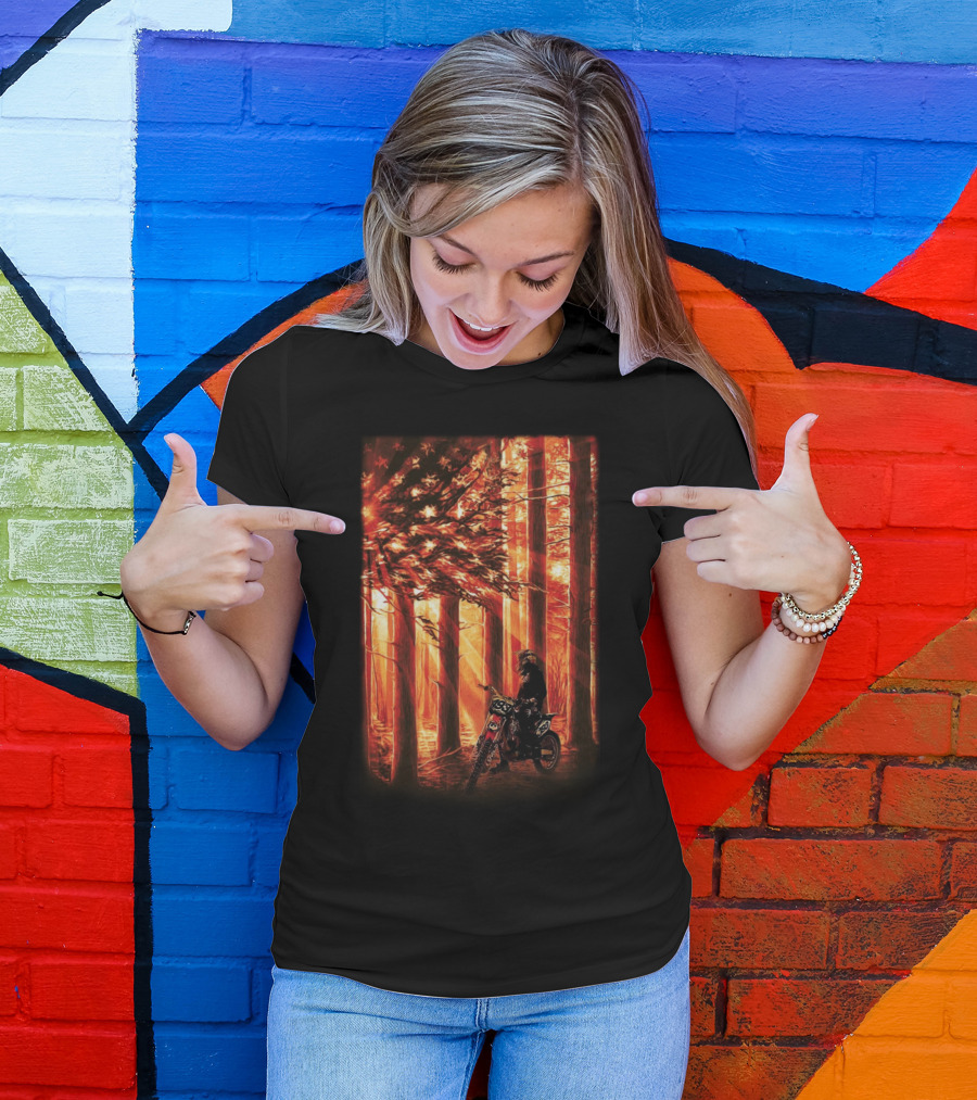 Patriotic Motor Biker In Forest With USA Flag On 4th July T-Shirt