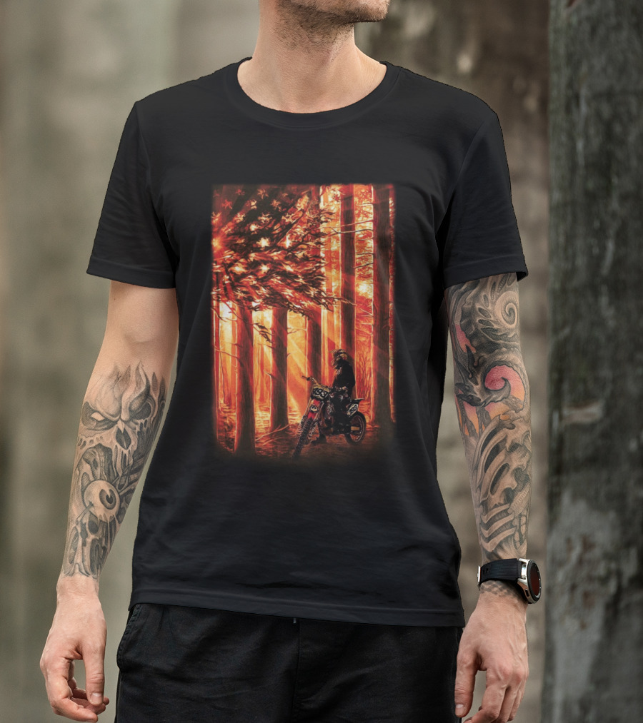 Patriotic Motor Biker In Forest With USA Flag On 4th July T-Shirt