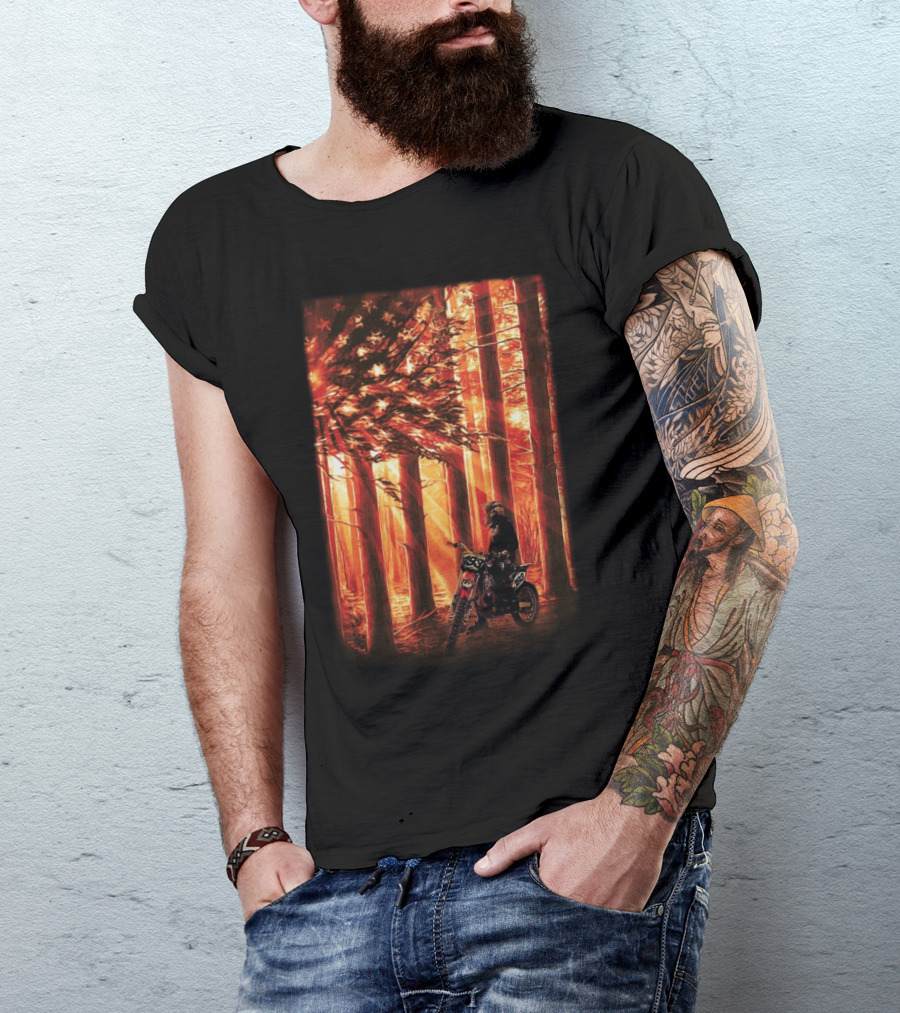 Patriotic Motor Biker In Forest With USA Flag On 4th July T-Shirt