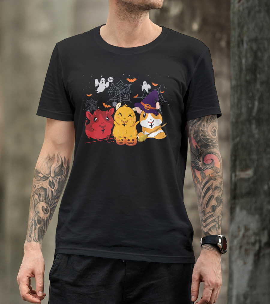 Guinea Pig Lover Halloween Ghosts Pumpkins Witch Hat Devil Costume T-Shirt