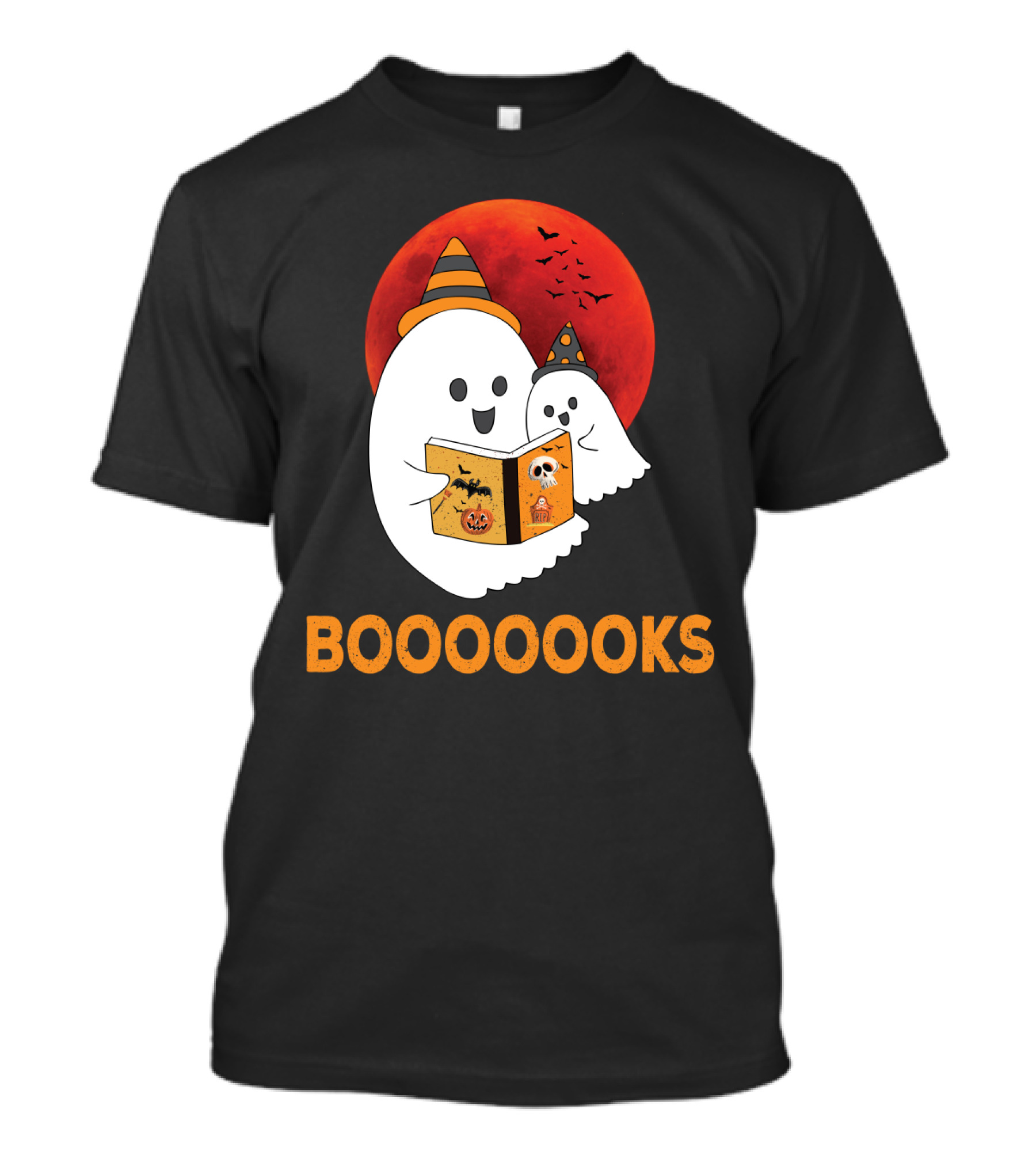 BOOOOOOKS Boo Bees Funny Halloween Books Ghosts Reading With Pumpkin And Orange Moon T-Shirt