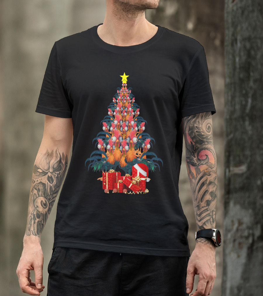 Farmer Chicken Christmas Tree With Festive Star And Gift Boxes T-Shirt