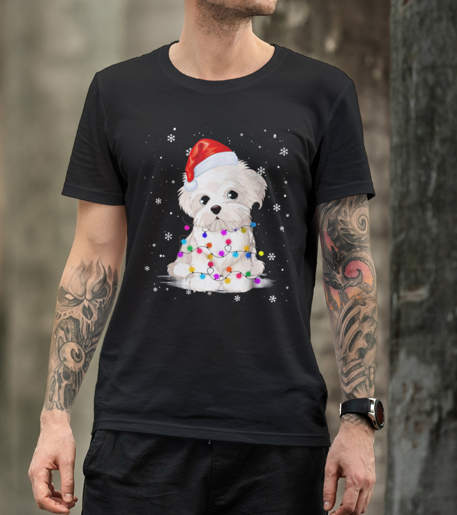 Christmas Maltese Santa Hat Snowflakes Festive Lights T-Shirt