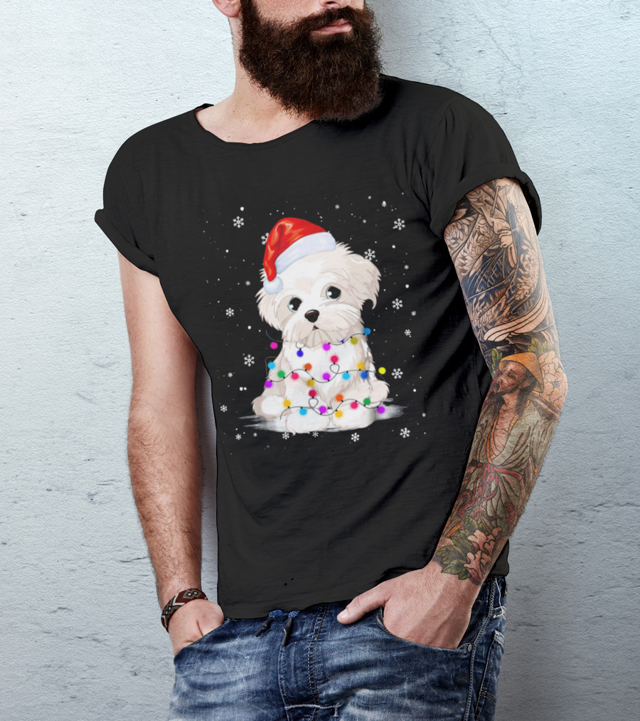 Christmas Maltese Santa Hat Snowflakes Festive Lights T-Shirt