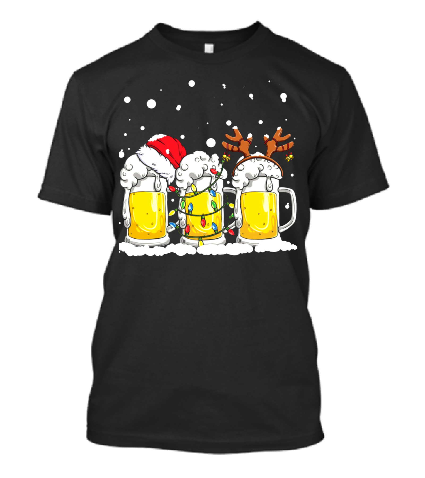 Beer Lover Holiday Festive Mug Trio Santa Hat Reindeer Antlers Lights T-Shirt