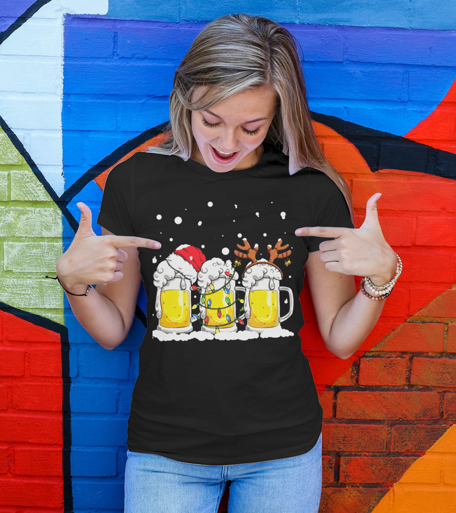 Beer Lover Holiday Festive Mug Trio Santa Hat Reindeer Antlers Lights T-Shirt
