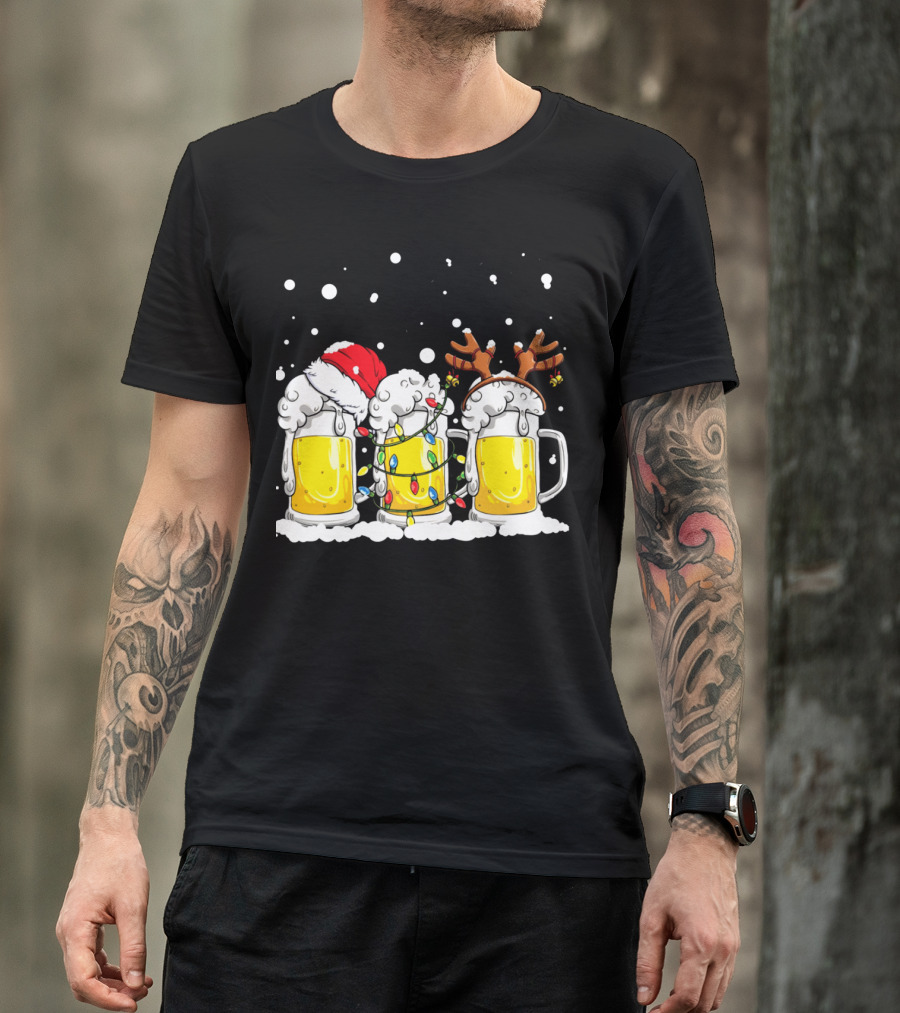 Beer Lover Holiday Festive Mug Trio Santa Hat Reindeer Antlers Lights T-Shirt