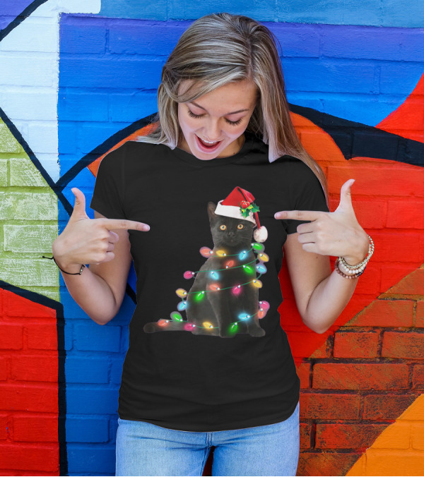 Black Cat Christmas Lights Santa Hat T-Shirt