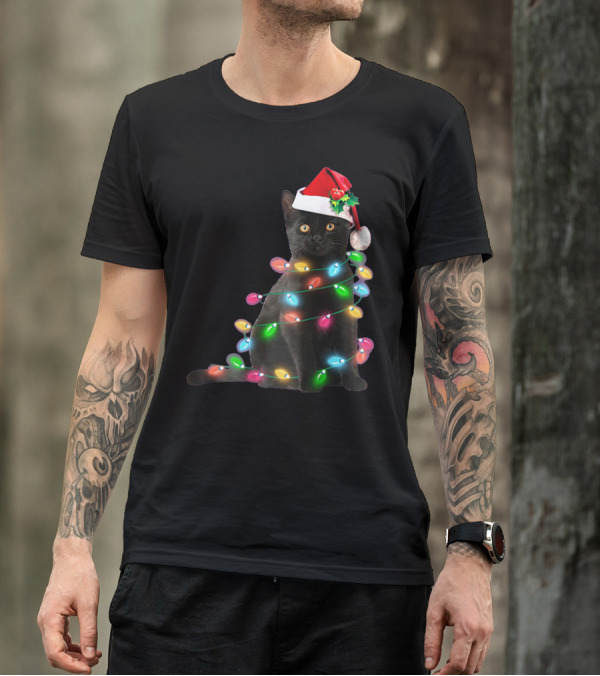 Black Cat Christmas Lights Santa Hat T-Shirt