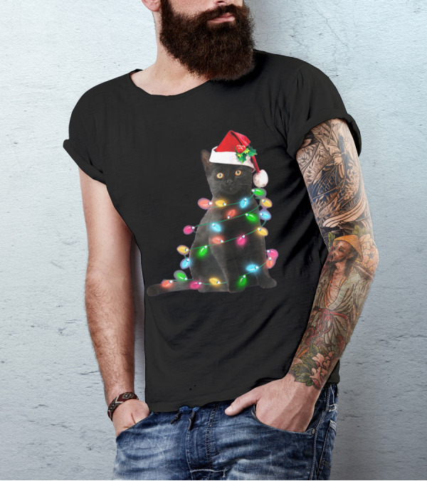 Black Cat Christmas Lights Santa Hat T-Shirt