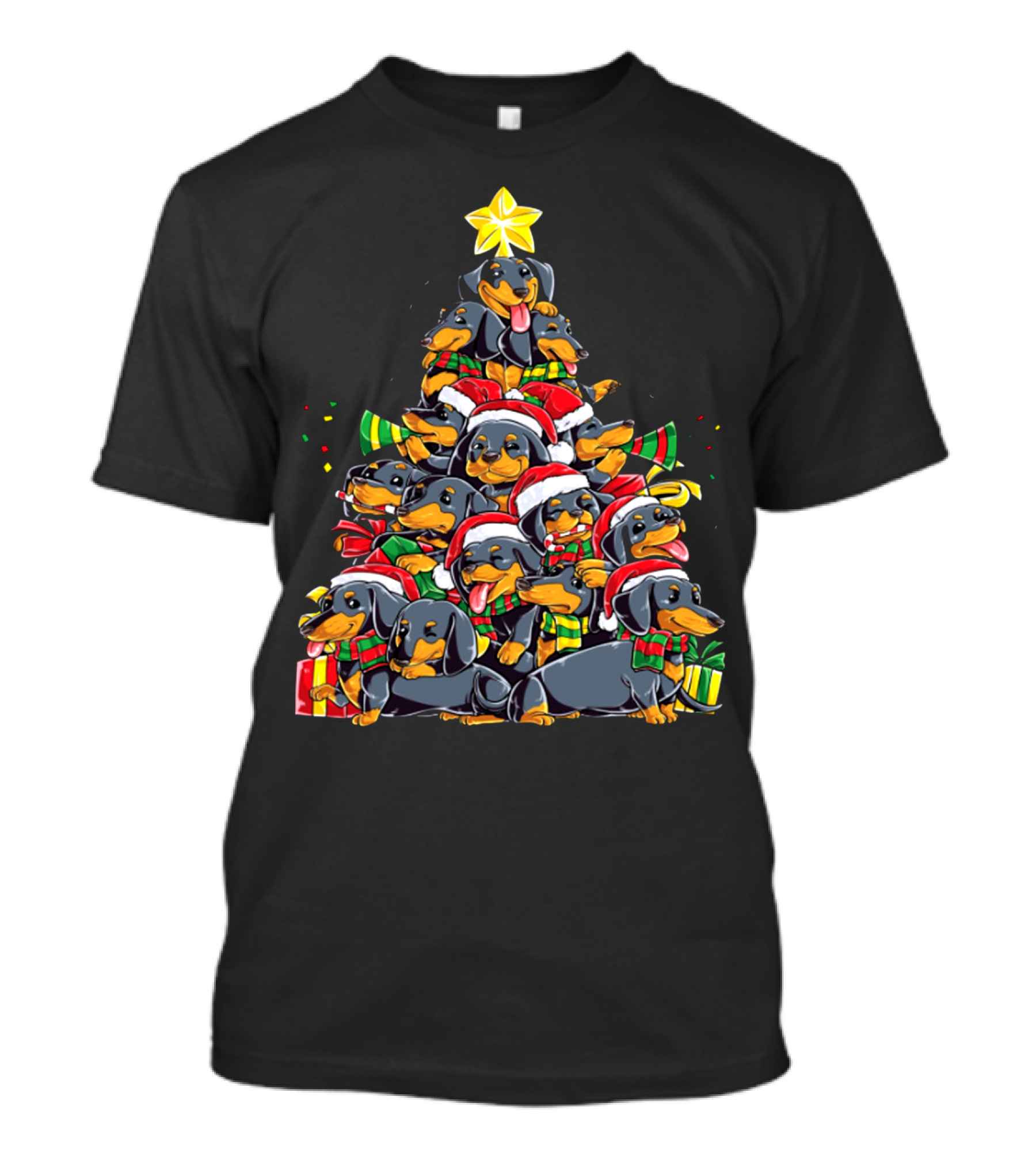 Dachshunds Lover Christmas Tree With Santa Hats And Scarves T-Shirt
