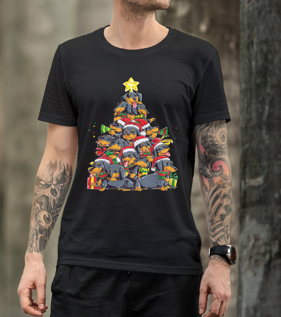 Dachshunds Lover Christmas Tree With Santa Hats And Scarves T-Shirt