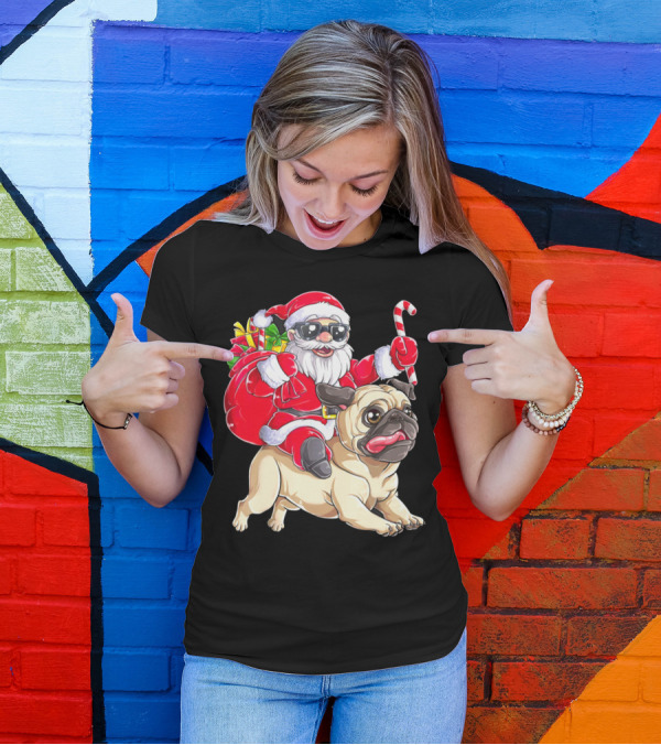 Santa Riding Pug With Candy Cane And Gifts T-Shirt