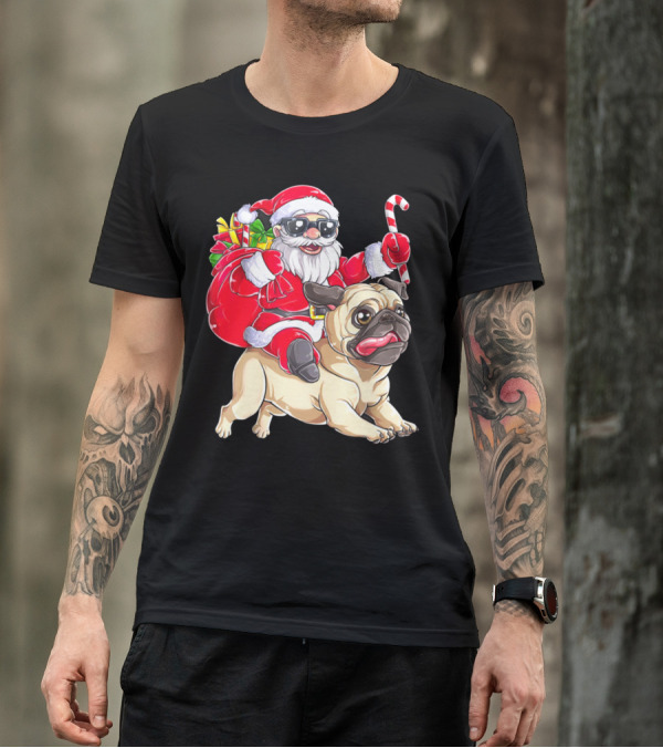 Santa Riding Pug With Candy Cane And Gifts T-Shirt