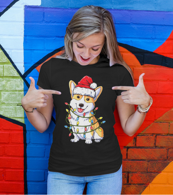 Welsh Corgi Lover Christmas Lights Santa Hat T-Shirt