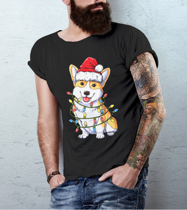 Welsh Corgi Lover Christmas Lights Santa Hat T-Shirt