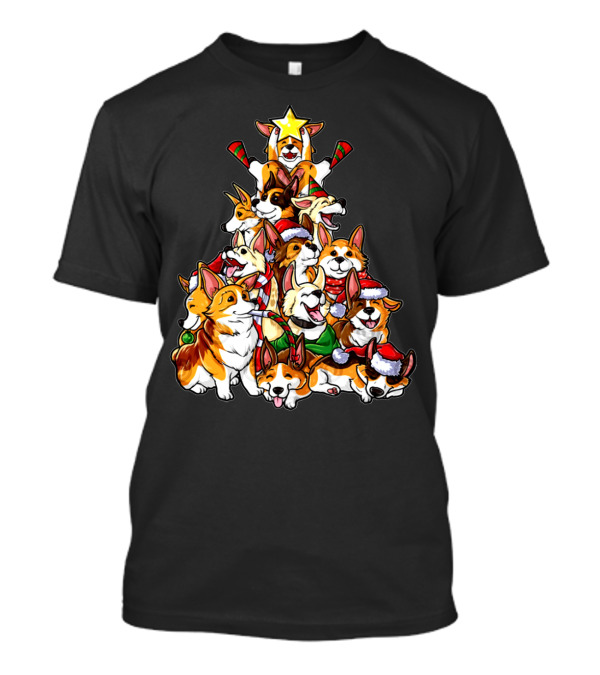 Corgi Christmas Tree With Santa Hats And Candy Canes T-Shirt