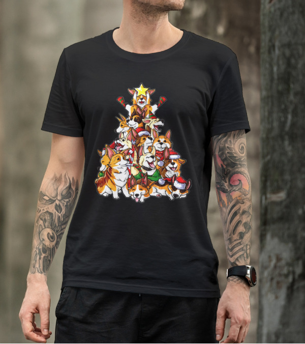 Corgi Christmas Tree With Santa Hats And Candy Canes T-Shirt