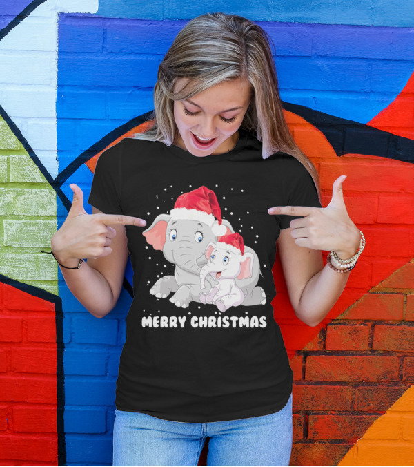 Merry Christmas Elephant Lover Santa Hat Family T-Shirt