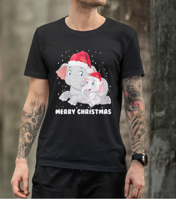 Merry Christmas Elephant Lover Santa Hat Family T-Shirt