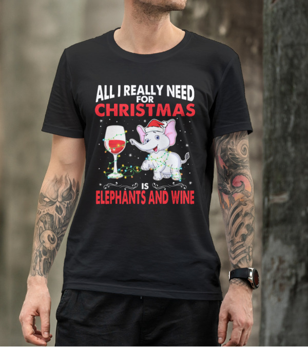 Elephant Lover Christmas Elephants And Wine T-Shirt