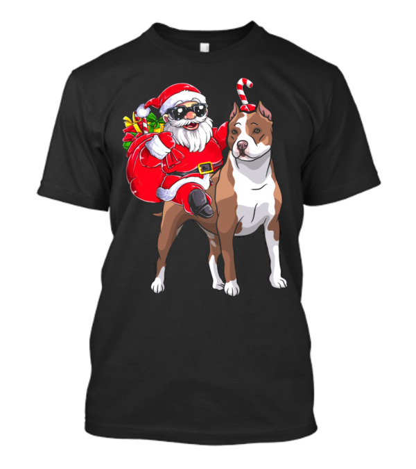Santa Claus Riding Pitbull With Candy Cane And Gifts T-Shirt