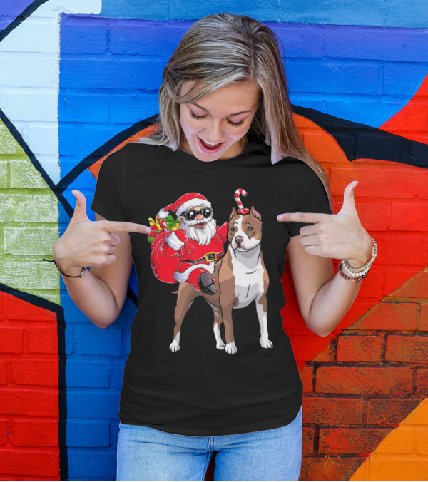 Santa Claus Riding Pitbull With Candy Cane And Gifts T-Shirt