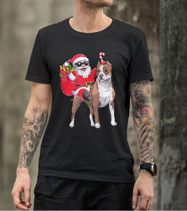 Santa Claus Riding Pitbull With Candy Cane And Gifts T-Shirt