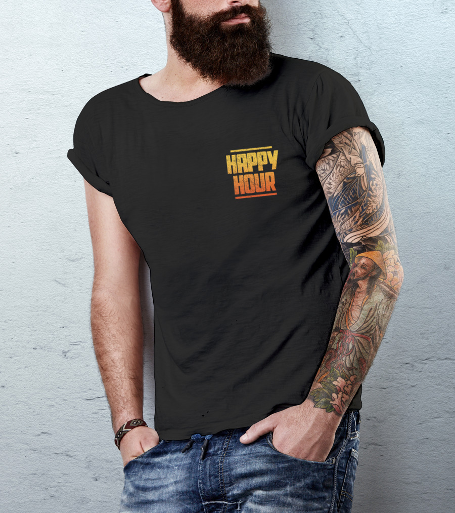HAPPY HOUR Vintage Distressed Typography Bold Yellow Orange Gradient T-Shirt