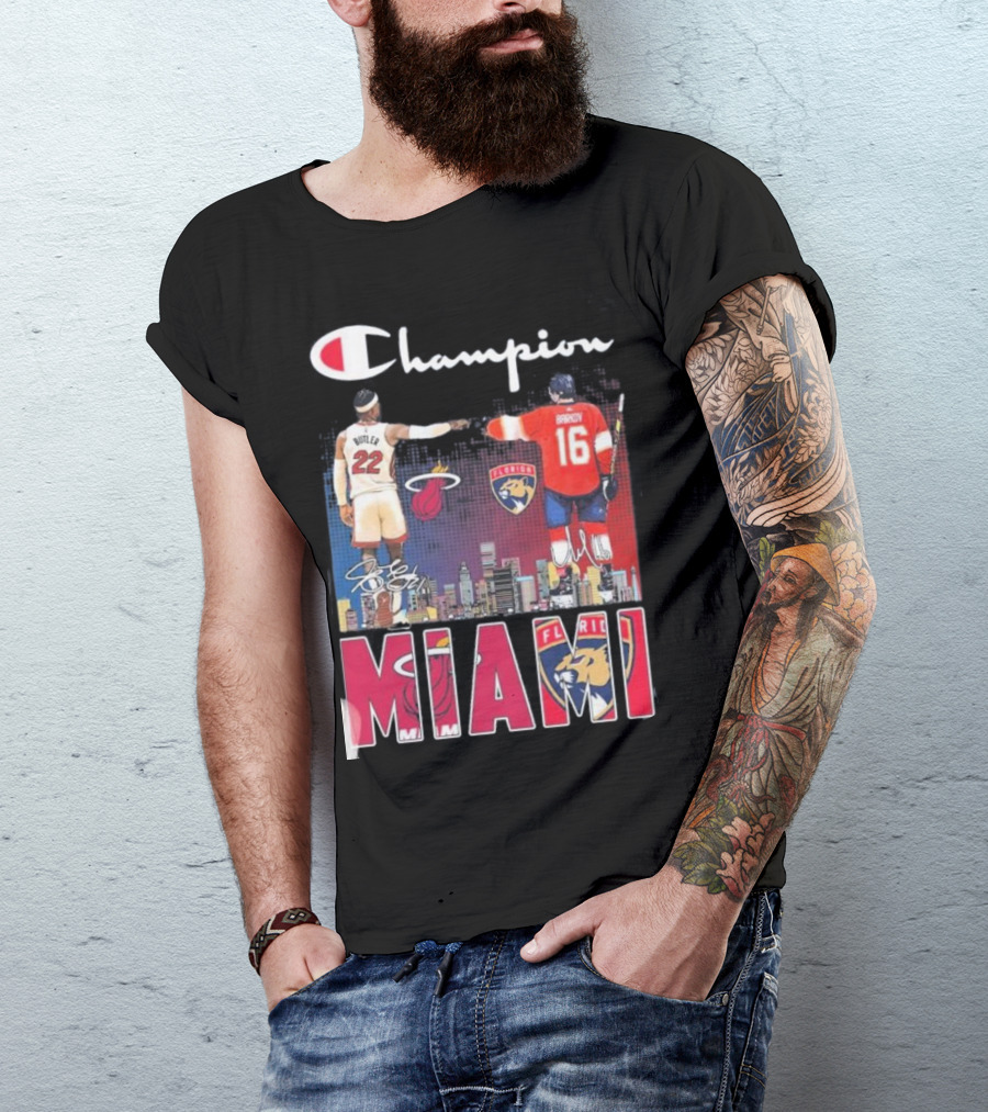 Champion Miami Skyline Signatures 22 Jimmy Butler 16 Aleksander Barkov Sports T-Shirt
