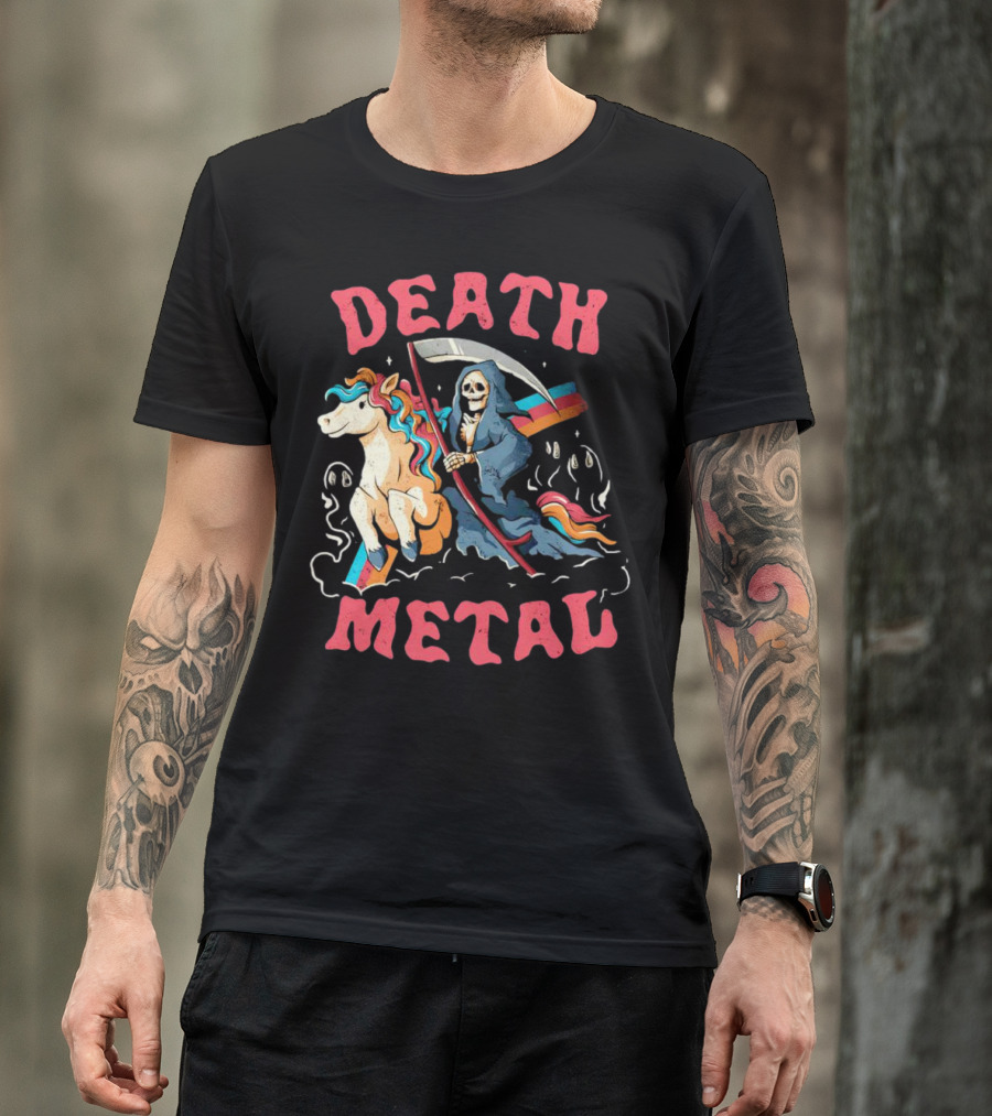 Death Metal Skull Riding Rainbow Unicorn T-Shirt