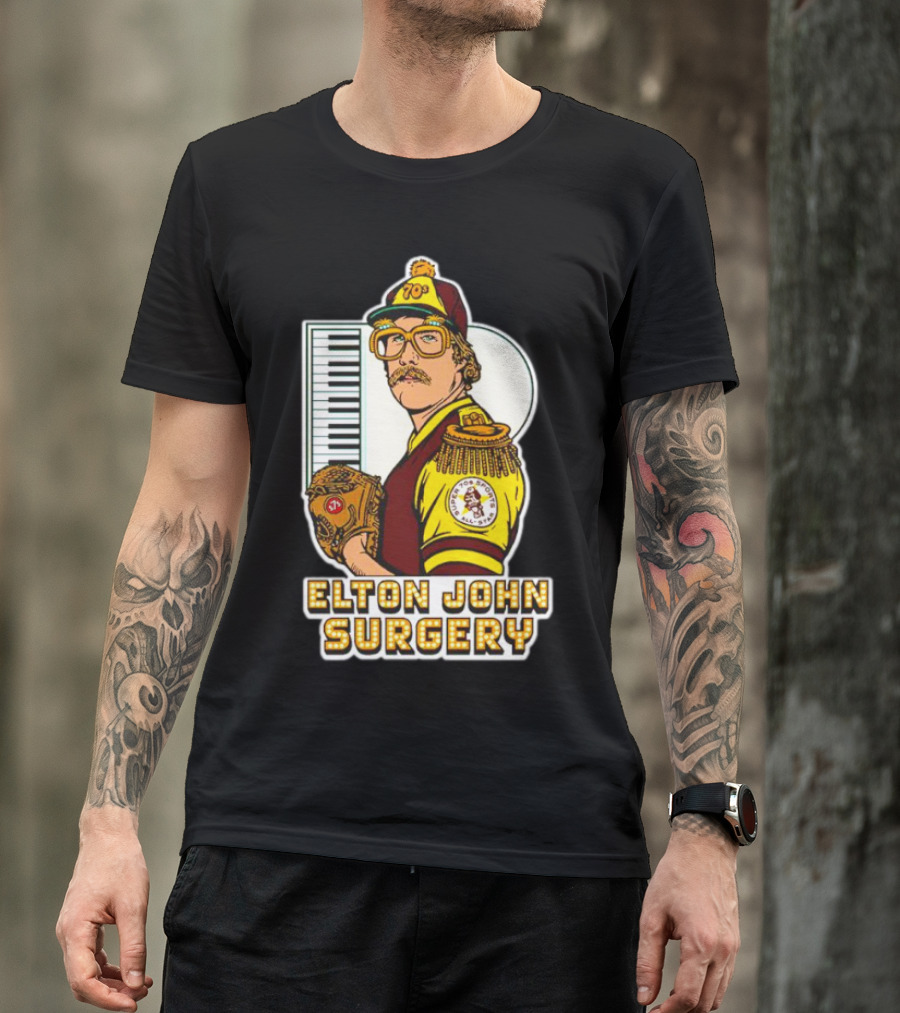 Elton John Surgery Baseball Player Keyboard 70s Patch T-Shirt