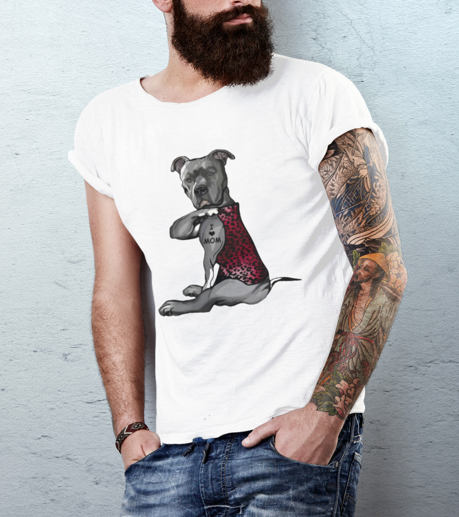 I Love Mom Dog Tattoo Red Leopard Print T-Shirt