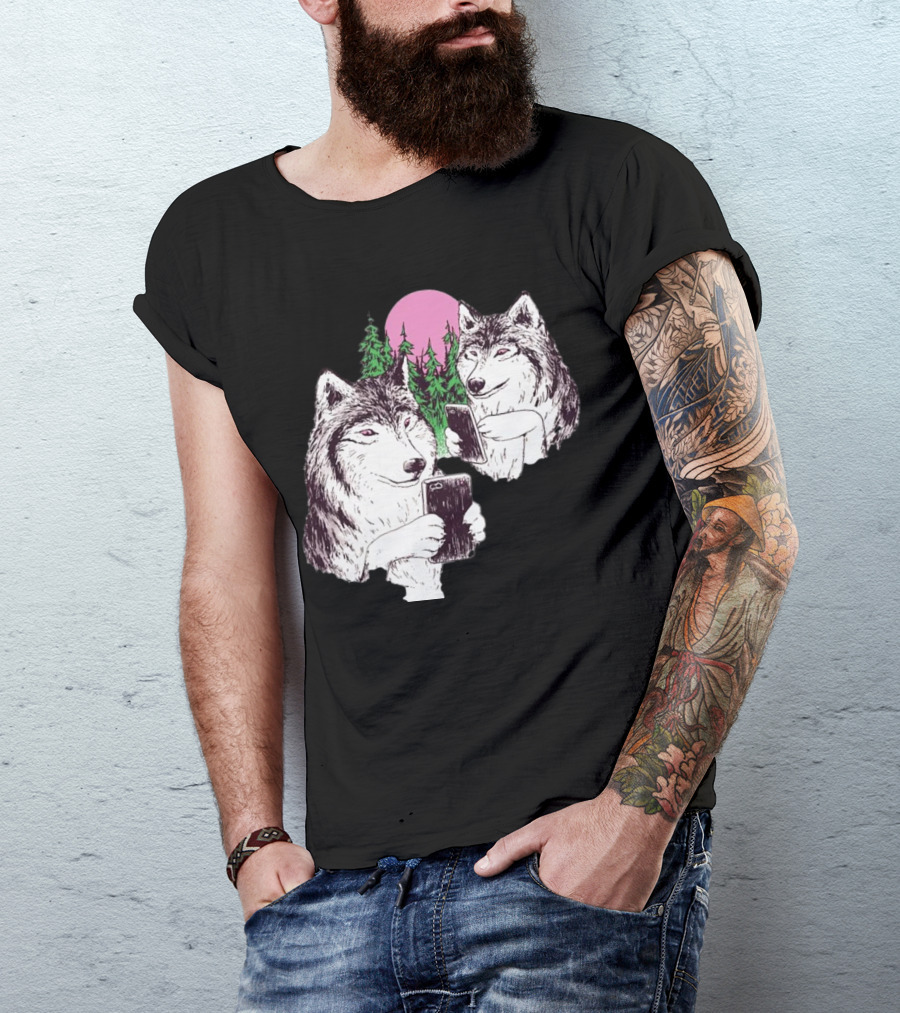 There Are Two Wolves Inside You Both On Smartphones Against A Pink Moon And Pine Trees T-Shirt