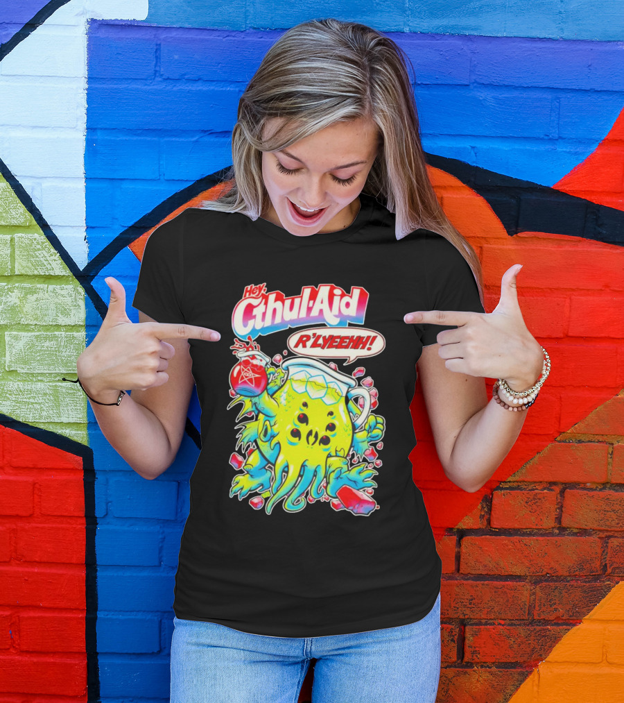 Hey Cthul-Aid R'lyeehh Monster Holding Pentagram Drink With Tentacles T-Shirt