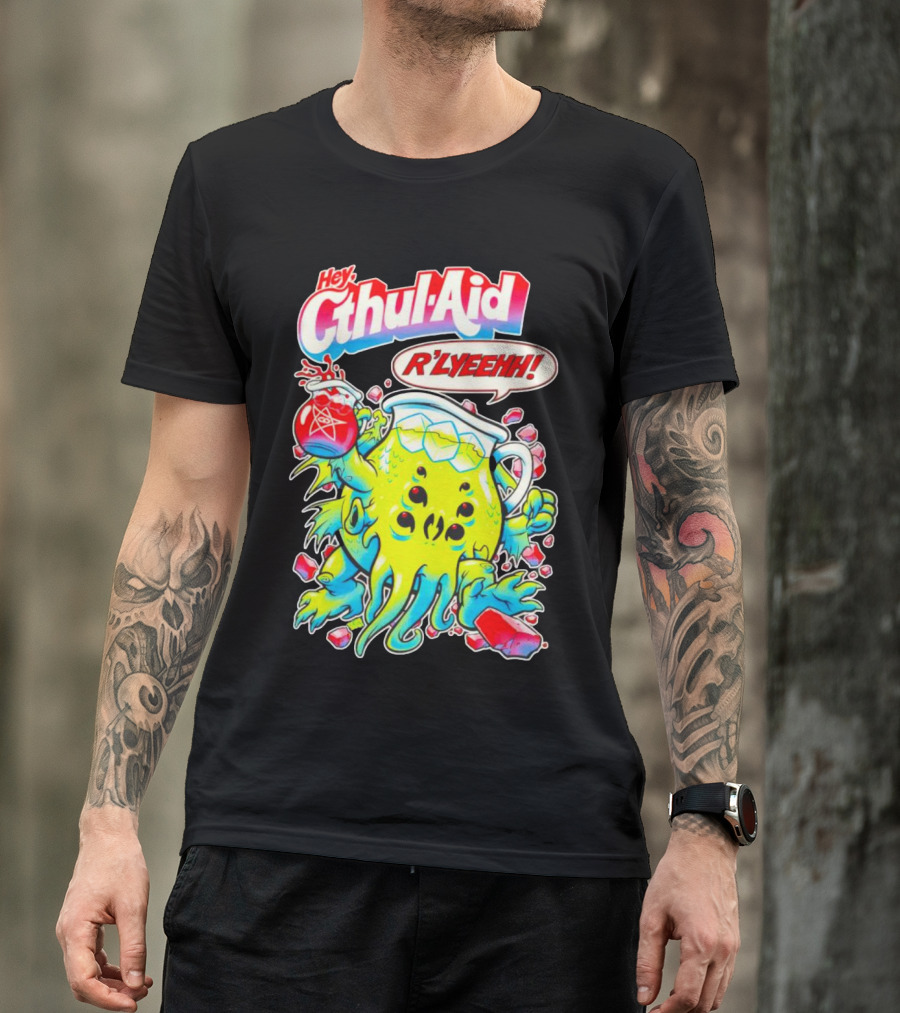 Hey Cthul-Aid R'lyeehh Monster Holding Pentagram Drink With Tentacles T-Shirt