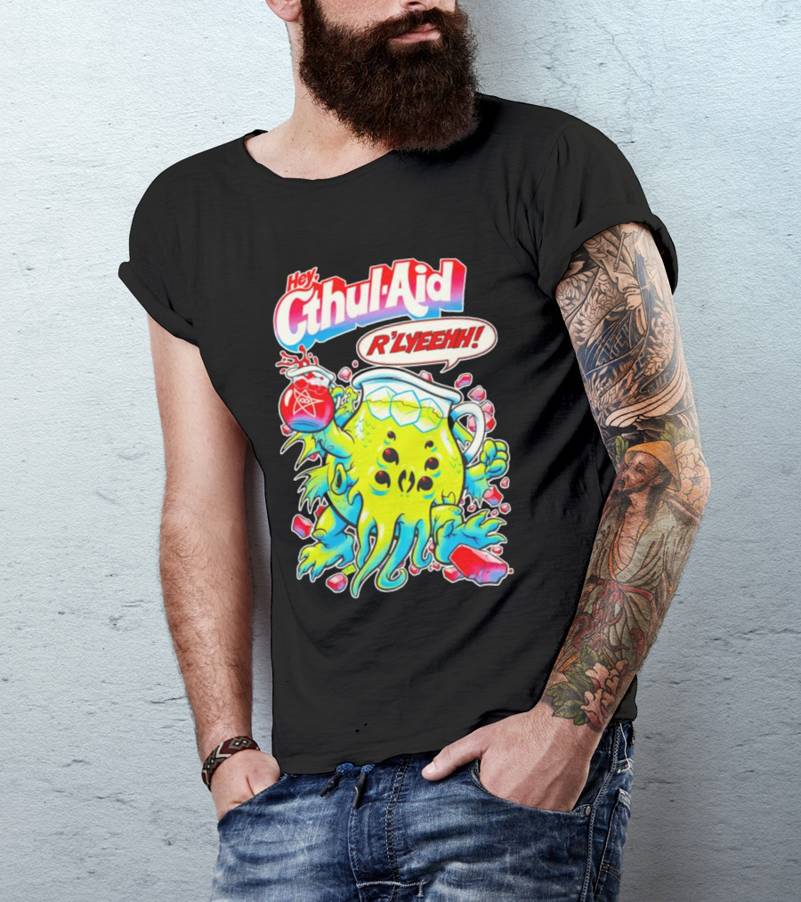 Hey Cthul-Aid R'lyeehh Monster Holding Pentagram Drink With Tentacles T-Shirt