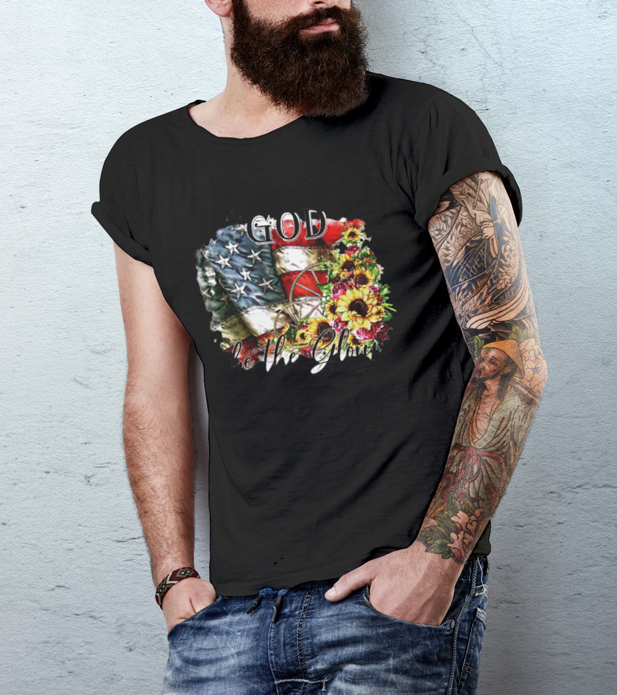 Patriotic American Flag And Sunflower Design With To God Be The Glory Text T-Shirt