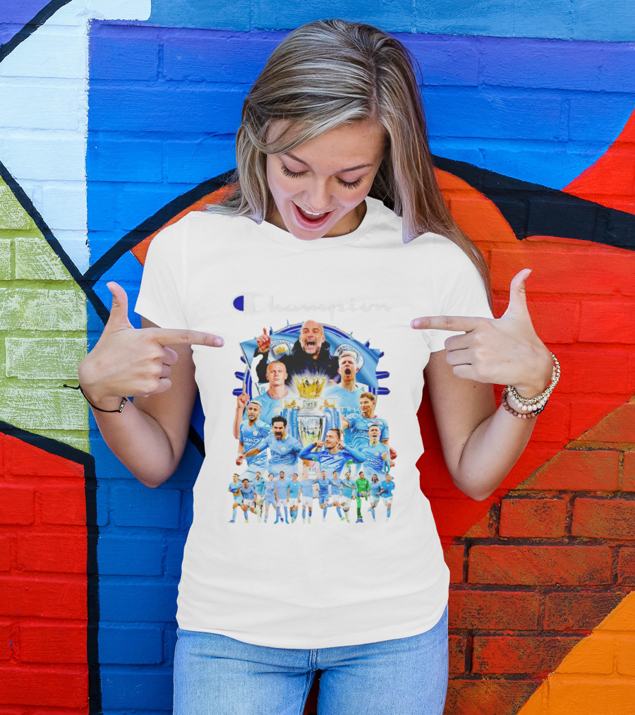Manchester City Champion Team Celebration With Trophy And Players T-Shirt